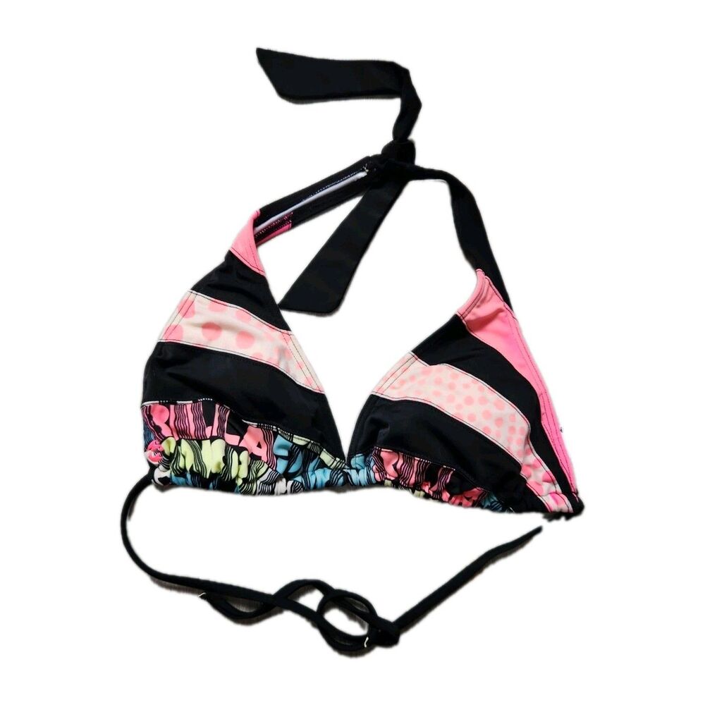 Billabong Bikini Top XL Halter Triangle Tie Back Pink Black Tropical Surf Swim